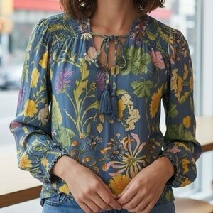 Rachel Roy Women's size Small Floral V neck long sleeve Blouse - Blue and Yellow